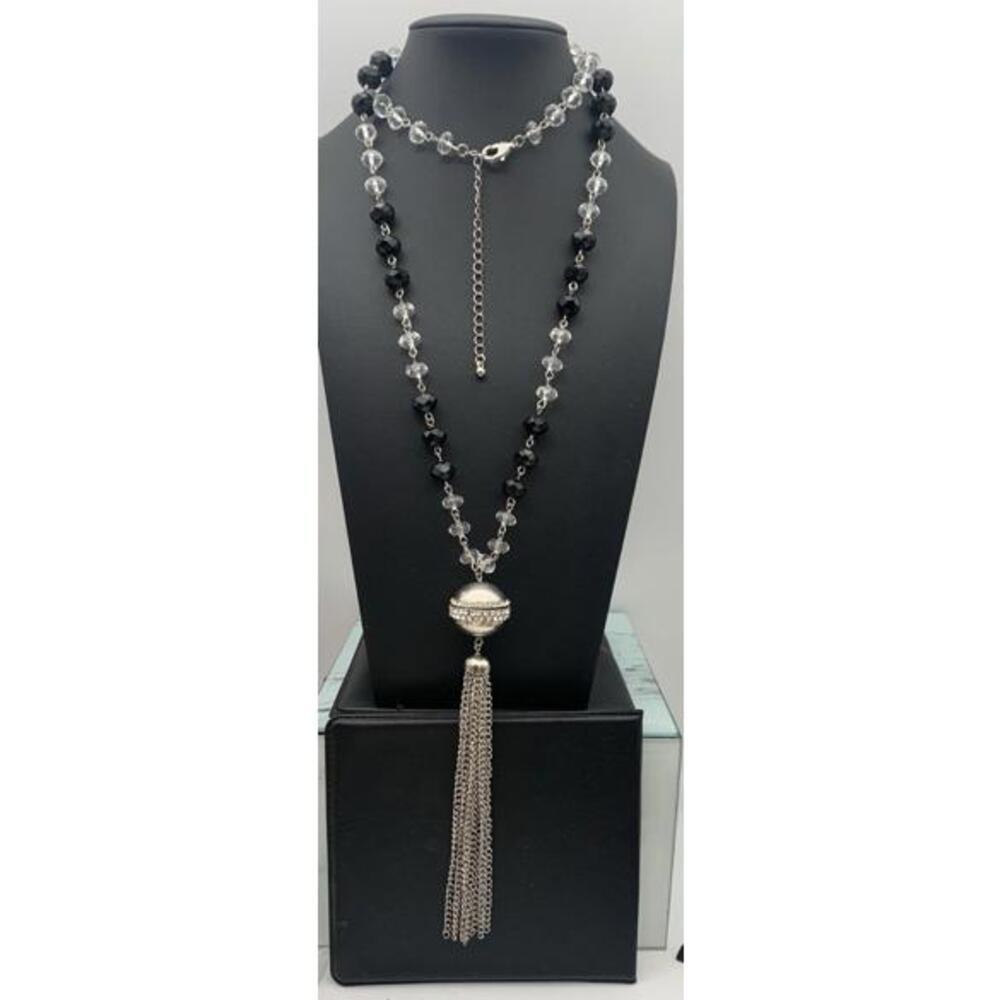 Silver Tone Necklace With Black And Clear Faceted Beads‎ & Y Drop Tassel Pendant